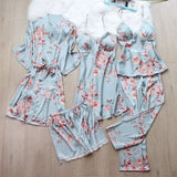 Set pijama Lalle bleumarin din tesatura satinata si dantela - 5 piese