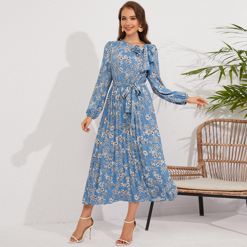 Rochie Adania albastra cu funda laterala si cordon accesorizat