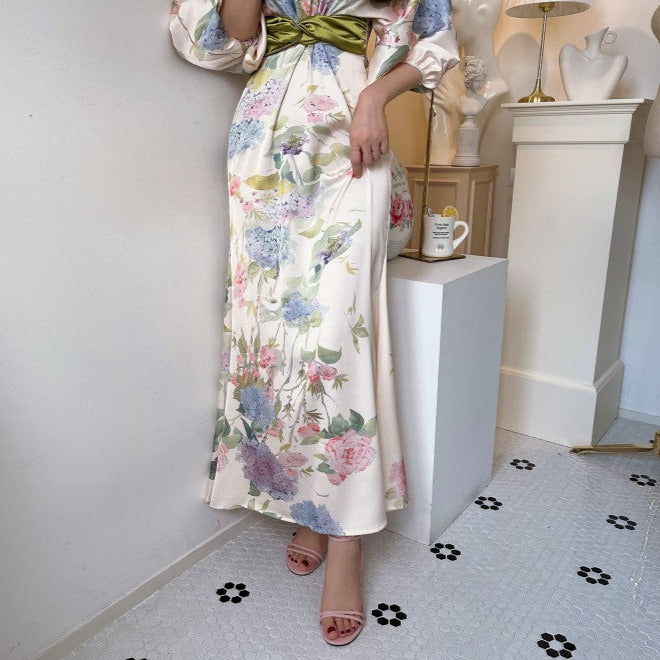 Rochie Aletta cu imprimeu floral si maneci bufante