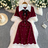Rochie tricotata Arissa cu perle, fundita si guler lat