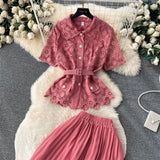 Set elegant Salem roz - compus din fusta plisata si top din dantela