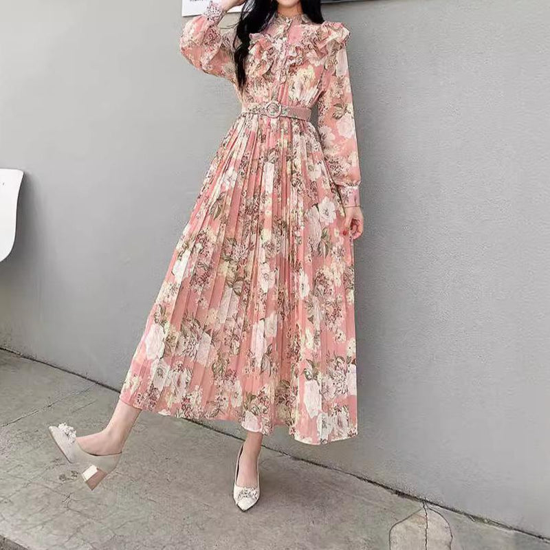 Rochie Chloe roz cu volanase si curea accesorizata