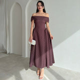 Rochie midi Esfera cu umeri goi, imprimeu buline