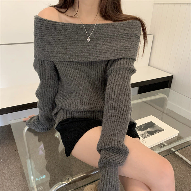 Bluza Yvette din tricot cu decolteu barcuta cu umeri goi