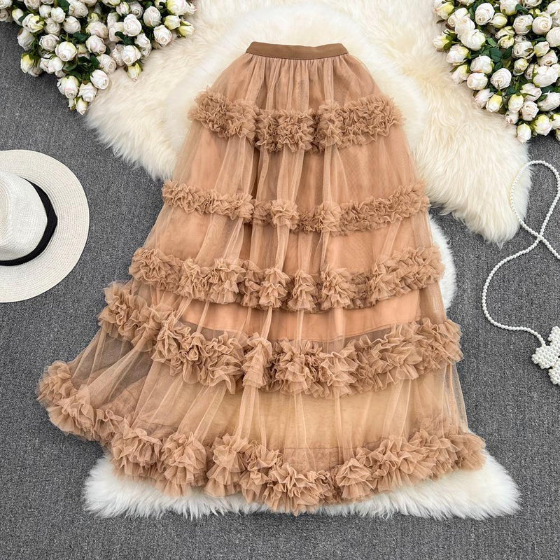 Fusta Volty maro din tulle cu incretitturi