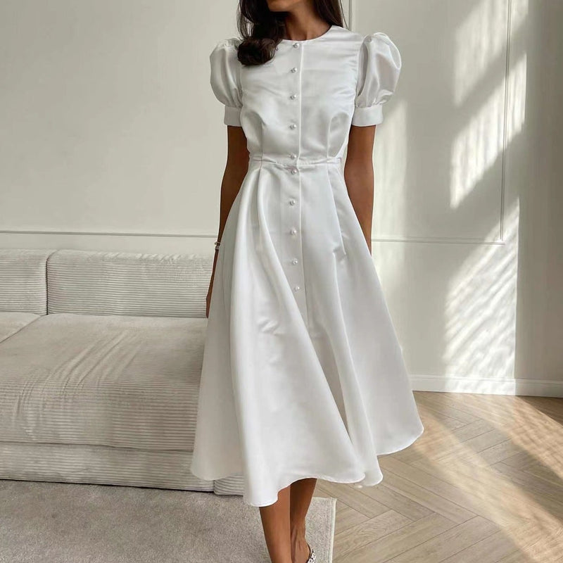 Rochie Afra alba cu nasturi tip perle si maneci bufante