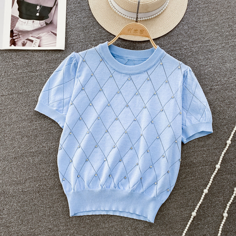 Tricou Sophia albastru cu accesorizat cu pietre