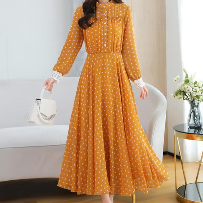 Rochie Adora galbena cu mansete din dantela si imprimeu buline