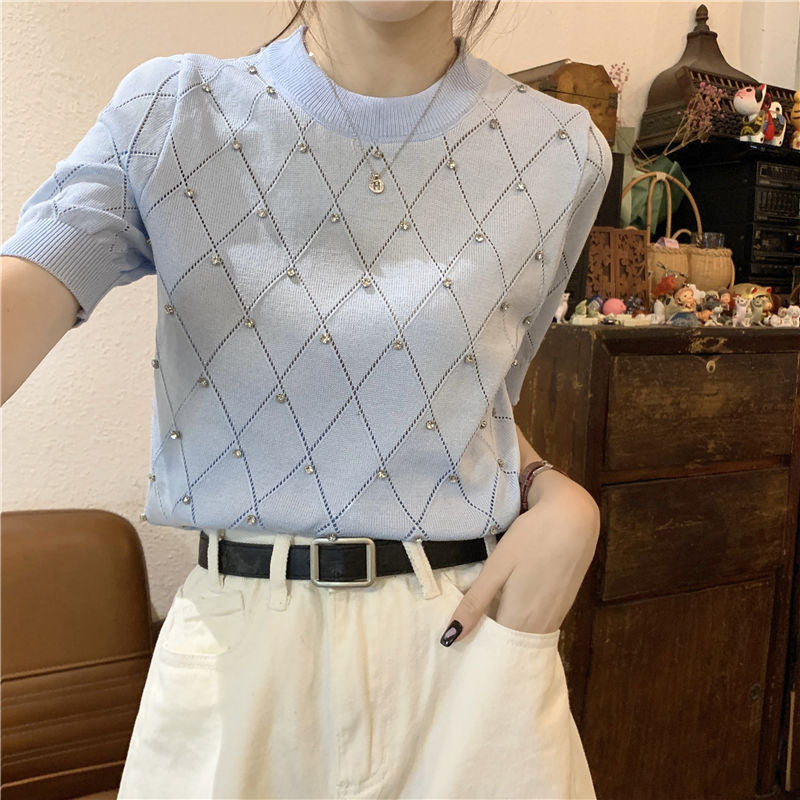 Tricou Sophia albastru cu accesorizat cu pietre