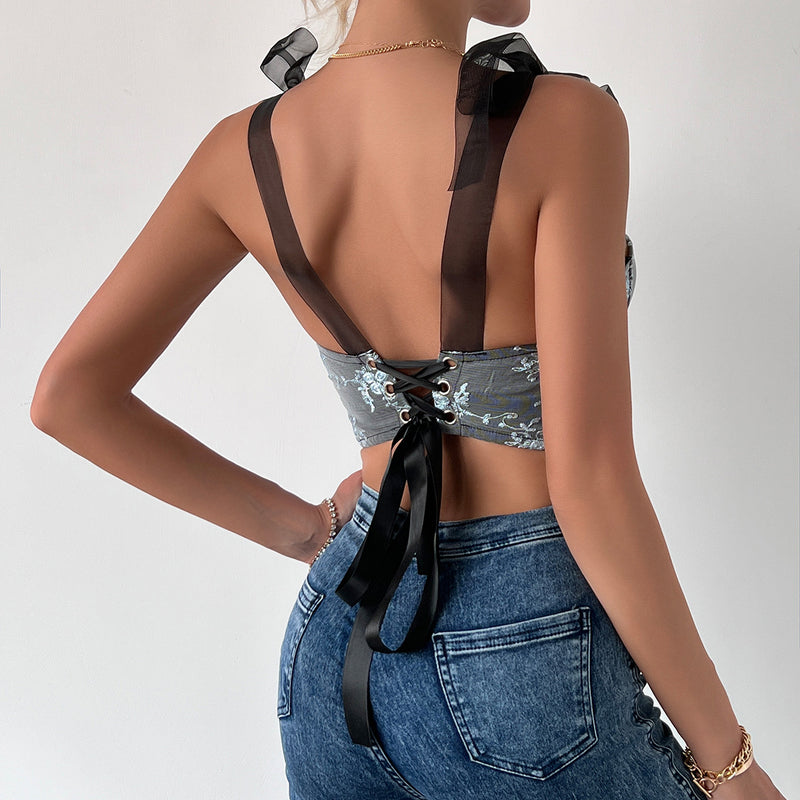 Top Leilani gri cu bretele din tulle