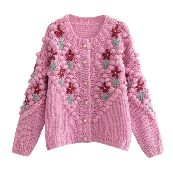 Jerseu tricotat Angelic roz cu pompoane si detalii florale