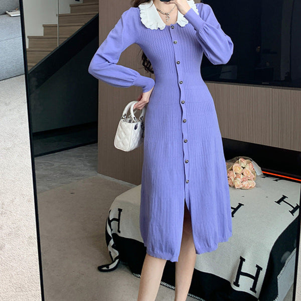 Rochie Freesia din tricot cu guler lat si nasturi functionali