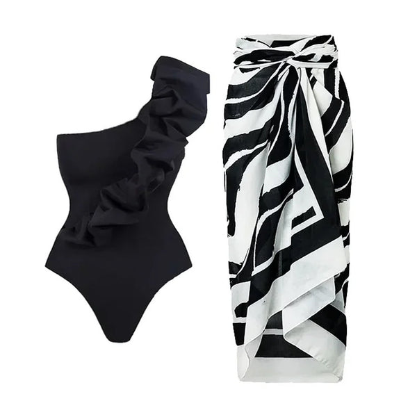 Set Benoni format din costum de baie cu incretituri bufante si fusta