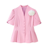 Sacou elegant Xia cu maneci scurte si brosa floare