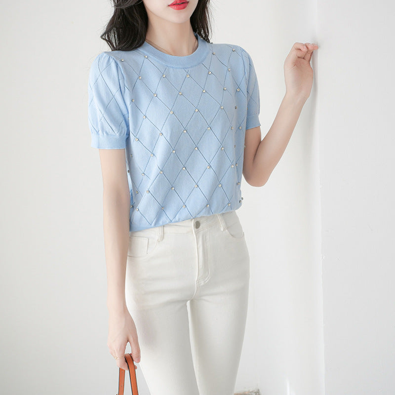 Tricou Sophia albastru cu accesorizat cu pietre