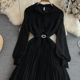 Rochie Hanelore neagra cu pliuri si curea accesorizata