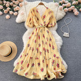 Rochie Echim galbena cu pliuri si imprimeu floral