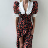 Rochie midi Solita negru din voal cu guler lat in V, maneci scurte, imprimeu floral