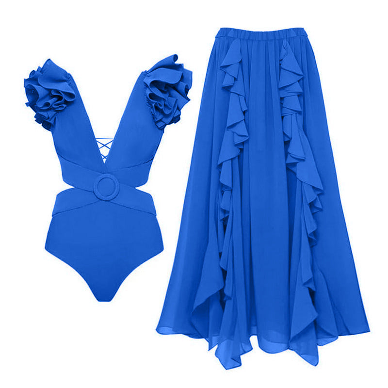 Set Minda albastru compus din costum de baie si fusta lunga vaporoasa