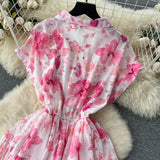 Rochie Brea roz cu nasturi imbracati si imprimeu floral