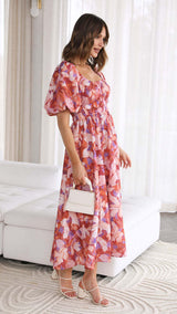 Rochie Nelle rosie cu imprimeu floral si decolteu patrat