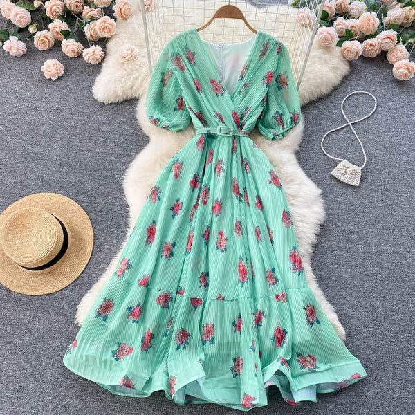 Rochie Echim verde cu pliuri si imprimeu floral