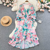 Rochie Gina verde cu decolteu in V si imprimeu floral