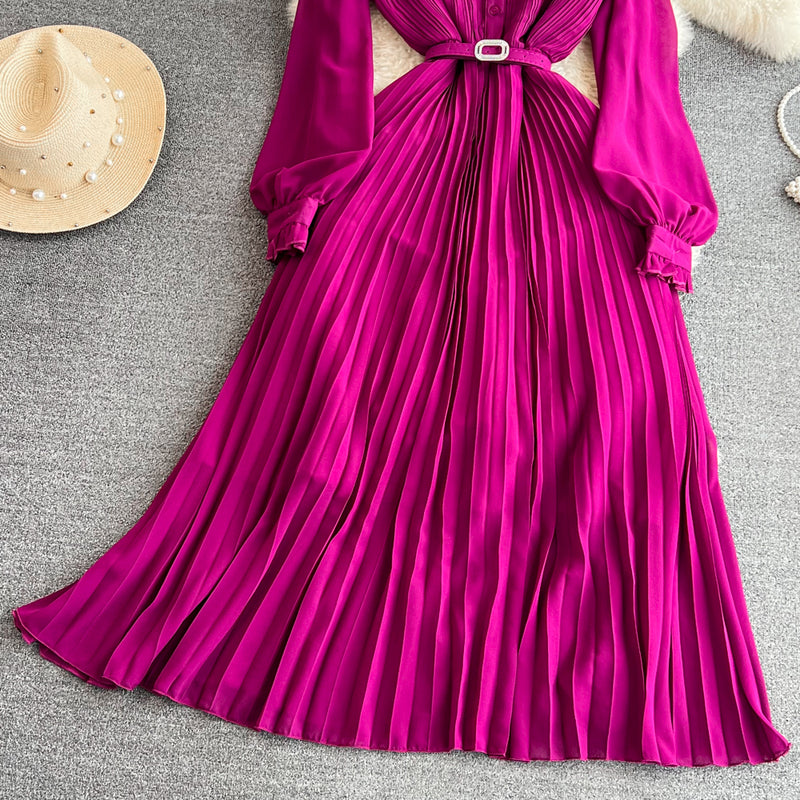 Rochie Hanelore mov cu pliuri si curea accesorizata