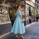 Rochie midi Safya cu umeri goi, corset la spate