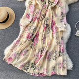 Rochie Miliona galbena cu imprimeu floral si volanase