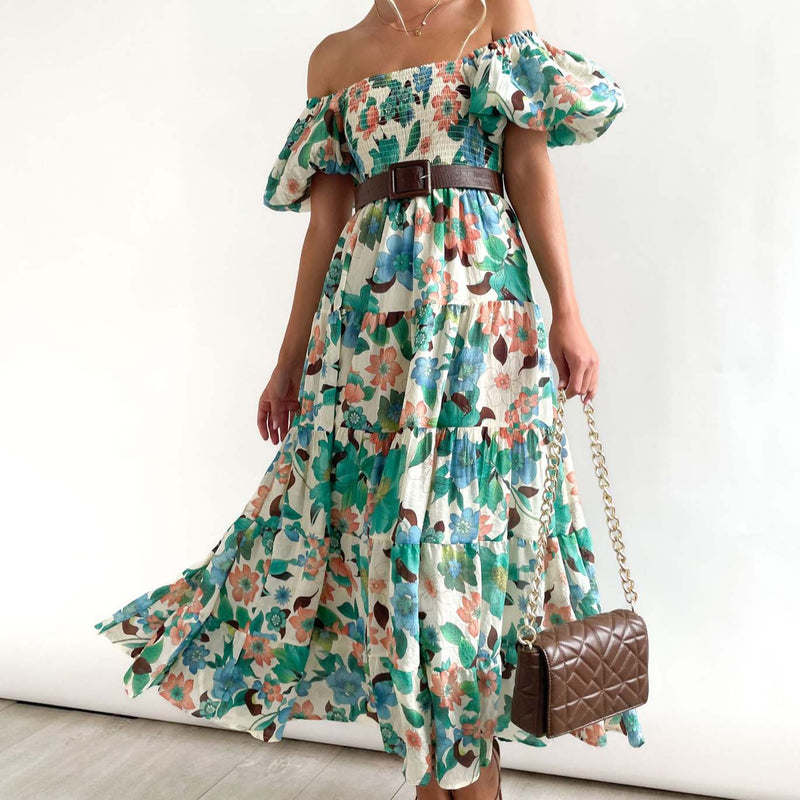 Rochie Anovia verde inchis cu decolteu patrat si imprimeu floral