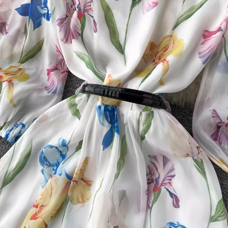 Rochie midi Alvada cu imprimeu floral si curea eleganta