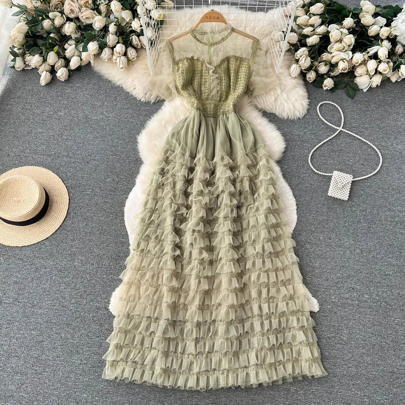 Rochie Arianne verde din tulle cu volanase