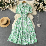 Rochie Gamma verde deschis cu imprimeu floral si curea accesorizata