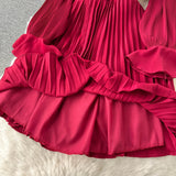 Rochie Nicolette visinie plisata cu volanase la mansete