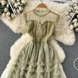 Rochie Arianne verde din tulle cu volanase