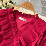 Rochie Nicolette visinie plisata cu volanase la mansete