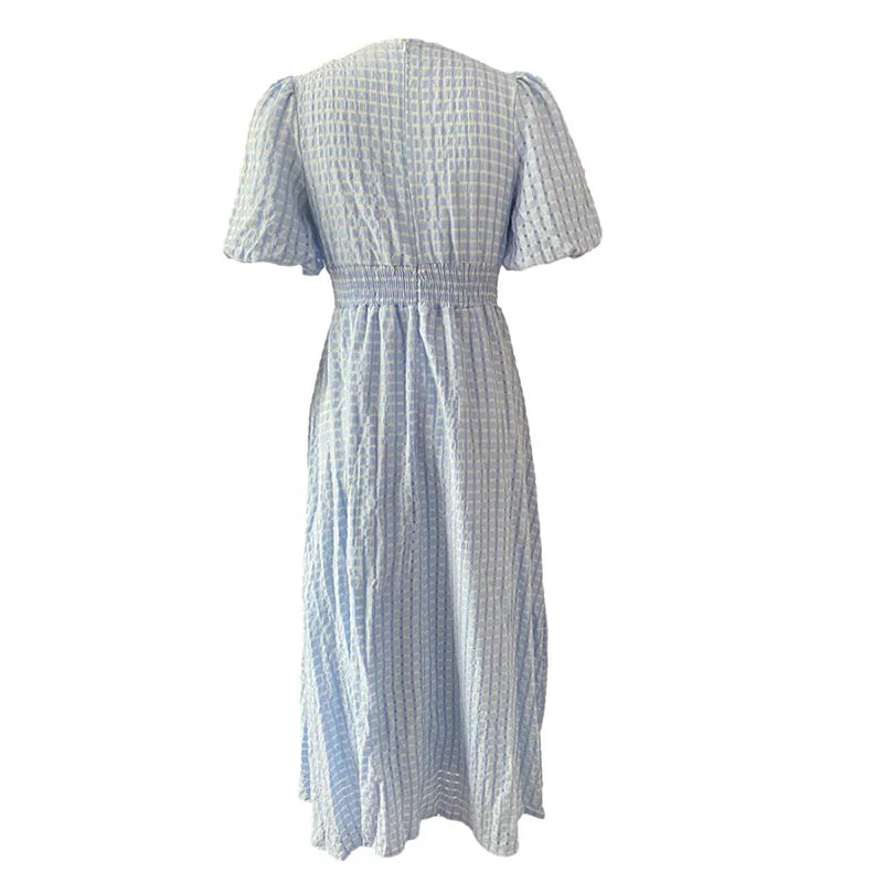 Rochie Ondine albastra cu maneci scurte bufante si material texturat
