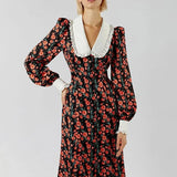 Rochie Garcela neagra cu guler lat si imprimeu floral