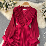 Rochie Nicolette visinie plisata cu volanase la mansete