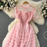 Rochie Arianne roz din tulle cu volanase