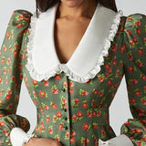 Rochie Garcelina verde cu guler lat si imprimeu floral