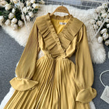 Rochie Nicolette galben plisata cu volanase la mansete