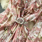 Rochie Chloe roz cu volanase si curea accesorizata