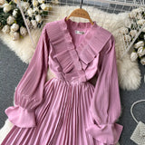 Rochie Nicolette roz plisata cu volanase la mansete