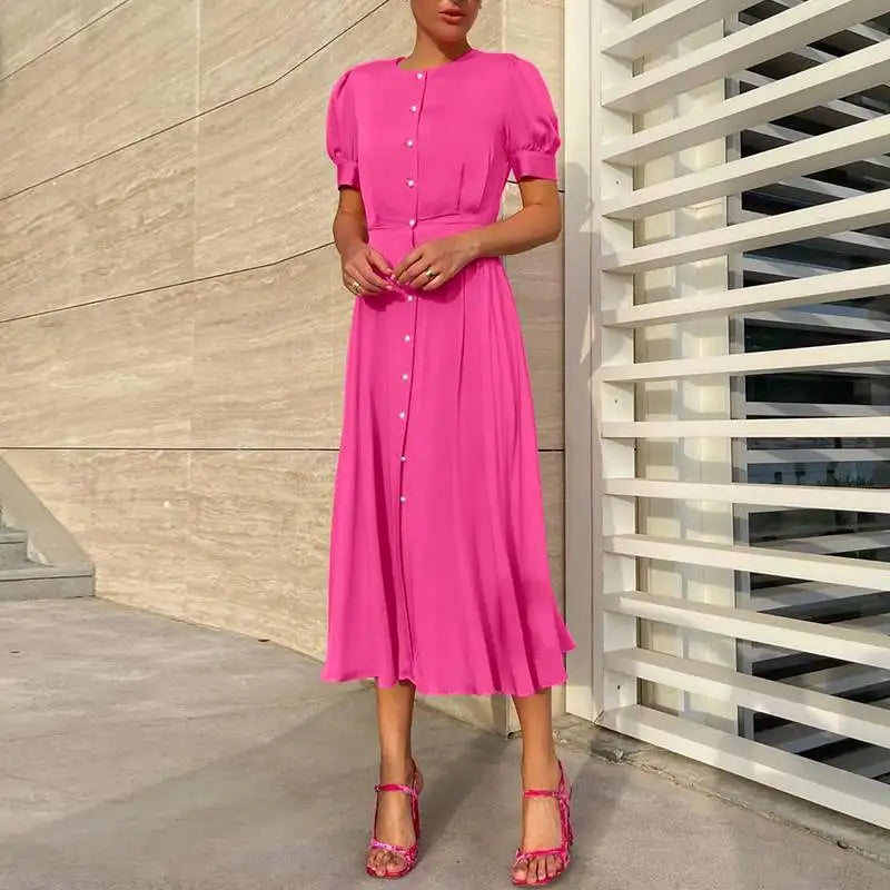 Rochie Afrodita roz cu nasturi tip perle si maneci bufante