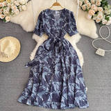 Rochie Onissia gri cu imprimeu si cordon accesorizat