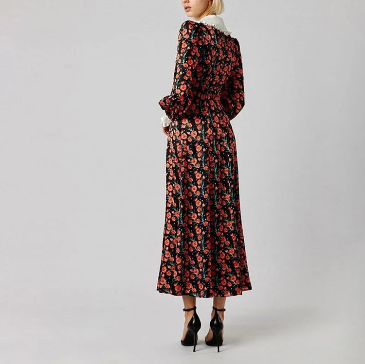Rochie Garcela neagra cu guler lat si imprimeu floral