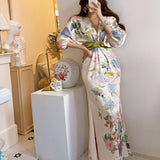 Rochie Aletta cu imprimeu floral si maneci bufante