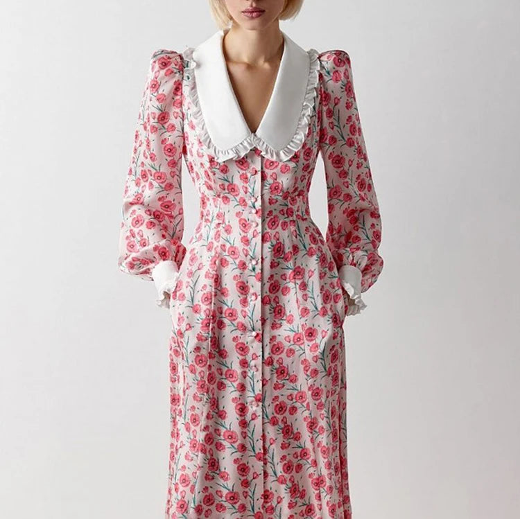 Rochie Garcela roz cu guler lat si imprimeu floral